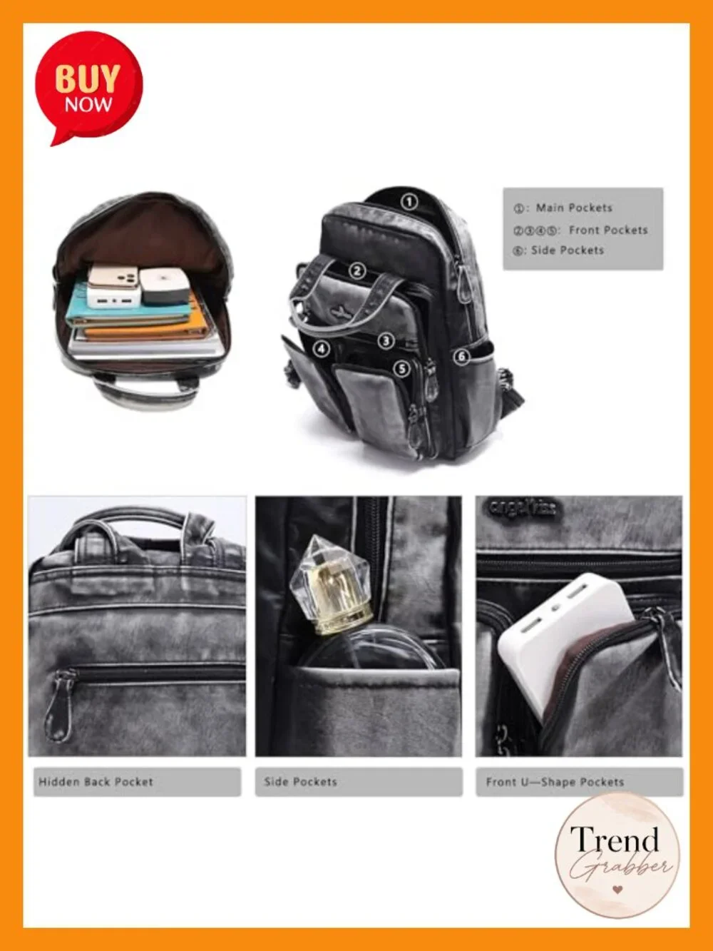 Women's Vegan Leather Backpack Purse Multi Pocket Travel Daypack